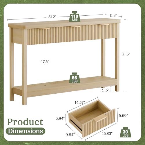 Fluted Console Table, 51 Inch Entryway Table with 3 Drawers | Scandi farmhouse look with quiet full-extension slides, open lower shelf, profile for hallway, entry, foyer or behind sofa. - color: Natural
