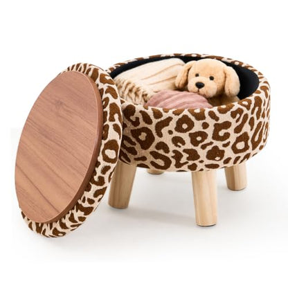 Wimarsbon Storage Ottoman, Modern Round Footrest with Soft Padded Seat, Pattern Velvet Footstool with Wood Legs, Accent Small Table or Plant Stand for Hallway, Living Room (Khaki) - color: Khaki