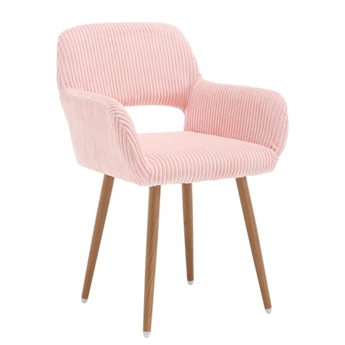KCC Small Modern Dining Room Arm Chairs for Kitchen 1 PC,Pink | Mid-Century Upholstered Corduroy Fabric Side Seat Club Guest with Metal Tube Legs - color: Corduroy Pink, size: 1 PC