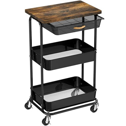 Simple Houseware 3-Tier Rolling Utility Cart with Drawer & Wood Tabletop - Mobile Sofa Side Table, Nightstand, Slim Storage Organizer Trolley for Bedroom, Bathroom, Office & Art Supplies, Rustic Brown - color: Rustic Brown