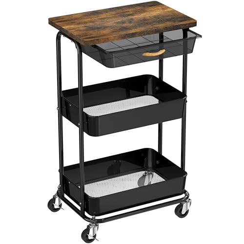 Simple Houseware 3-Tier Rolling Utility Cart with Drawer & Wood Tabletop - Mobile Sofa Side Table, Nightstand, Slim Storage Organizer Trolley for Bedroom, Bathroom, Office & Art Supplies, Rustic Brown - color: Rustic Brown