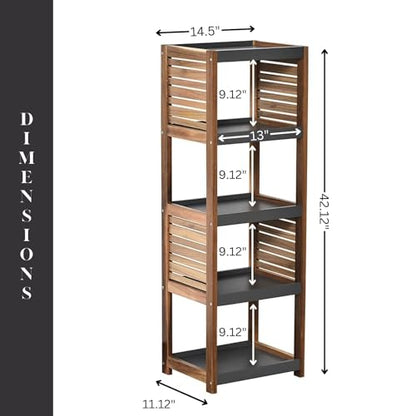 Brown-Gray Small Open-Shelf Storage Unit, 4-Tier, Vented, Freestanding | Space-Saving, Vented Design, MDF/Acacia Material, Compact Freestanding Unit, 4-Tier Open Shelves, Bathroom