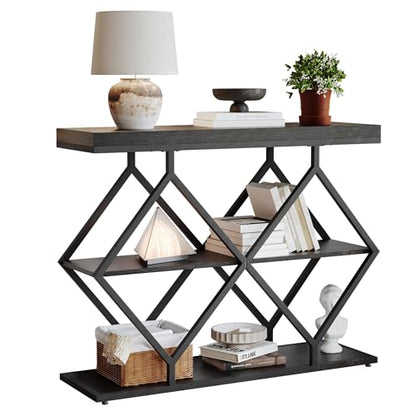 Garvee 3 Tier Console Table,39" Industrial Entryway Table,Open Wood Shelves | Sofa Table,Narrow Wood Accent Tables with Metal Frame for Hallway,Living Room,Behind Couch,Foyer,Entrance,Black - color: Black + Diamond-shaped