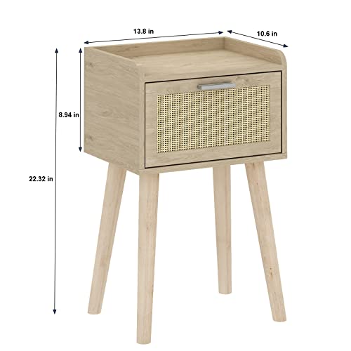 LAATOOREE Nightstand Set of 2, Small Bedside Table, End Table with Rattan Door, Boho Side Table with Solid Wood Legs for Bedroom Living Room Small Space - color: Natural, style: Boho Style