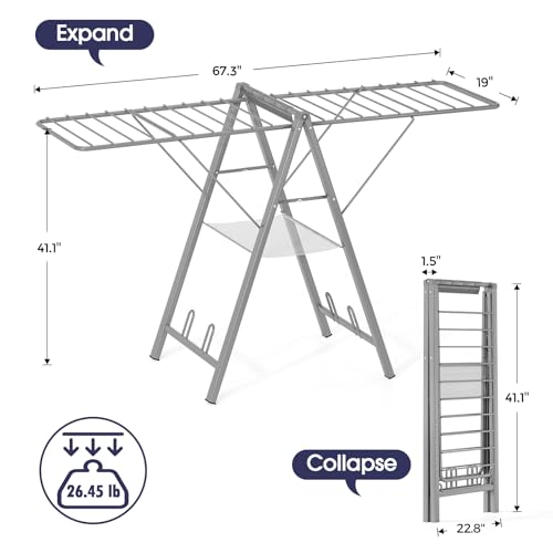 Clothes Drying Rack, 67.7" L Height Adjustable, Foldable, Grey | 1.5"Folded, No Assembly, Space-Saving, Spacious Design, Adjustable Wings, Clips, Mesh Shelf, Shoe Rack, Indoor & Outdoor Use - color: Gray