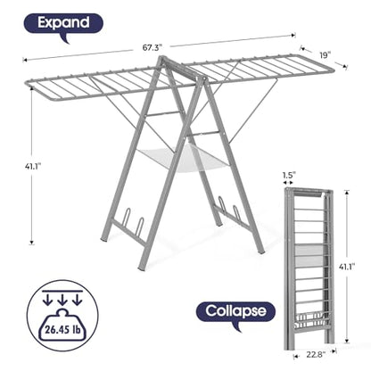 Clothes Drying Rack, 67.7" L Height Adjustable, Foldable, Grey | 1.5"Folded, No Assembly, Space-Saving, Spacious Design, Adjustable Wings, Clips, Mesh Shelf, Shoe Rack, Indoor & Outdoor Use - color: Gray