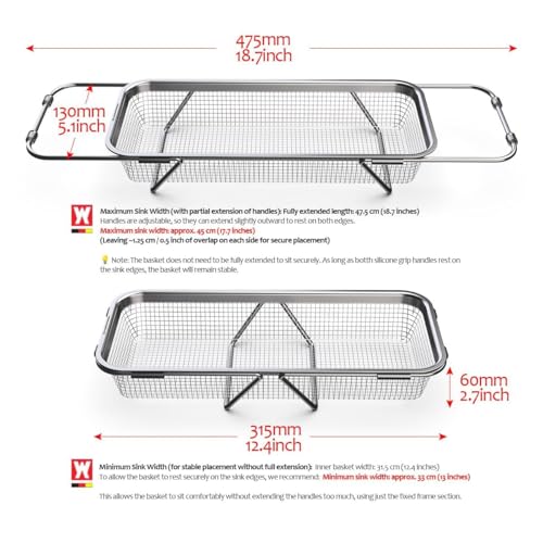 WAGENSTEIGER Extendable Dish Rack with Feet, Vegetable Colander Basket, Stainless Steel Dish or Silverware Drying Rack, Ultimate Kitchen Organizer Over the Sink (12.40 x 5.12 x 2.36 Inches) - size: 12.40 x 5.12 x 2.36 Inches
