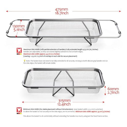 WAGENSTEIGER Extendable Dish Rack with Feet, Vegetable Colander Basket, Stainless Steel Dish or Silverware Drying Rack, Ultimate Kitchen Organizer Over the Sink (12.40 x 5.12 x 2.36 Inches) - size: 12.40 x 5.12 x 2.36 Inches