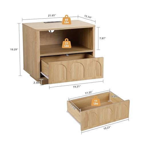 Small Nightstand Set of 2 with Charging Station, Accent Bedside Nightstand with Drawer, Mid Century Modern Bedroom Side Bed Table with Storage for Dorm, Living Room, Couch, Office - Natural - color: Natural