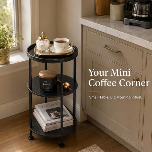 Small Round Side Table with Tray Top, 11.8" Narrow End Table, Black | 3-Tier Small Round End Table for Living Room & Bedroom, Modern Nightstand with Storage Shelf, Accent Table for Small Spaces - color: Black, style: Classic