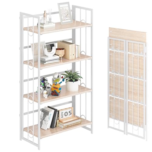 4NM No Assembly 4 Tiers Folding Bookshelf, 47.2" H Foldable Storage Shelves Vintage Bookcase Standing Racks Study Organizer Home Office - Natural White - color: Natural White, size: 4-Tier