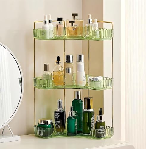 Ceruaxb 3-Tier Corner Bathroom Counter Organizer, Plastic Countertop Makeup Organizer, Large Capacity Vanity Bathroom Perfume Shelf Rack for Kitchen Office Desktop (Green) - color: Green