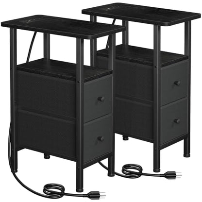 LOAKEKEL Narrow End Table with Charging Station, Side Tables Living Room | End Tables Living Room Set of 2, Skinny Nightstand with Fabric Drawers for Bedroom, Small Spaces, Black - color: Black, style: Power