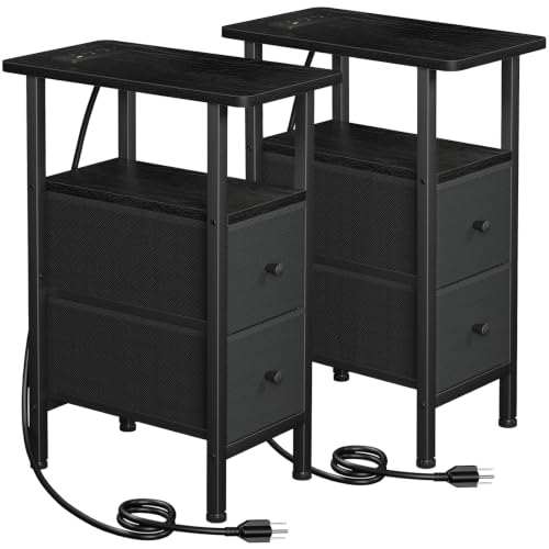 LOAKEKEL Narrow End Table with Charging Station, Side Tables Living Room | End Tables Living Room Set of 2, Skinny Nightstand with Fabric Drawers for Bedroom, Small Spaces, Black - color: Black, style: Power