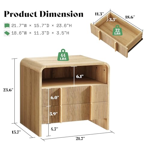 AMERLIFE Fluted Night Stand with Storage Drawers, Modern Small Nightstand & Bedside Table with Open Shelf, Curved Profile Design & Pine Handles, Wood End Table for Bedroom, Oak - color: Oak