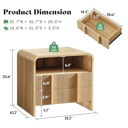 AMERLIFE Fluted Night Stand with Storage Drawers, Modern Small Nightstand & Bedside Table with Open Shelf, Curved Profile Design & Pine Handles, Wood End Table for Bedroom, Oak - color: Oak