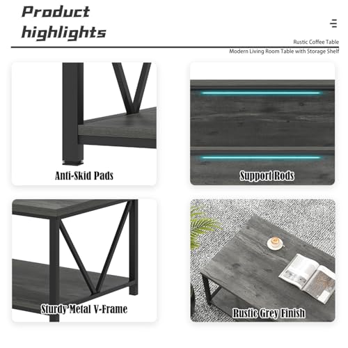 EXCEFUR Coffee Table, Rustic Wood and Metal Living Room Table, Industrial Rectangle Center Table with Storage Shelf, 47 Inch Grey - color: Grey, size: 47 inch