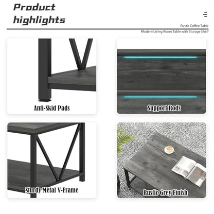 EXCEFUR Coffee Table, Rustic Wood and Metal Living Room Table, Industrial Rectangle Center Table with Storage Shelf, 47 Inch Grey - color: Grey, size: 47 inch