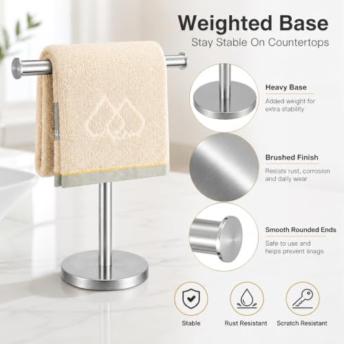 Hand Towel Holder Stand, 2 Freestanding Bathroom Towel Rack, Brushed Nickel | Weighted Stainless Steel Base Helps Prevent Tipping While The Open T-Shape Keeps Towels Dry on Bathroom Countertops - color: X-silver-2 Pack