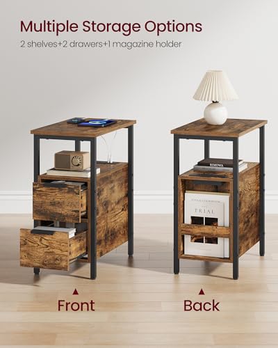 VASAGLE Side End Table with Charging Station, Slim Nightstand with 2 Drawers, Narrow Bedside Table for Living Room, Small Spaces, 18.9 x 11.8 x 24 Inches, Rustic Brown and Ink Black ULET324K101S - color: Rustic Brown + Ink Black, size: 18.9"D x 11.8"W