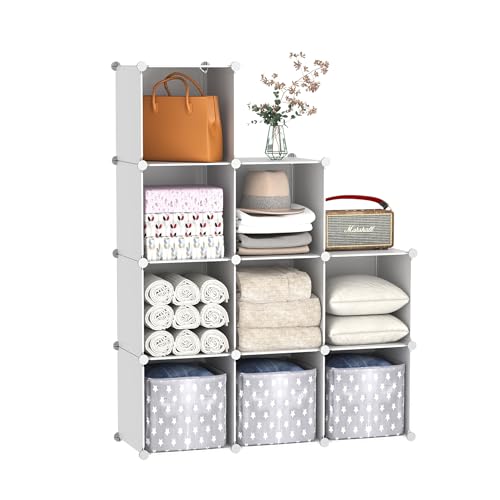 C&AHOME Cube Storage Organizer, 9-Cube Bookcase, Closet Cabinet Milky | DIY Stackable Bookshelf, Plastic Modular Shelving Units Ideal for Home, Office, Kids Room, 36.6" L x 12.4" W x 48.4" H - color: Milky