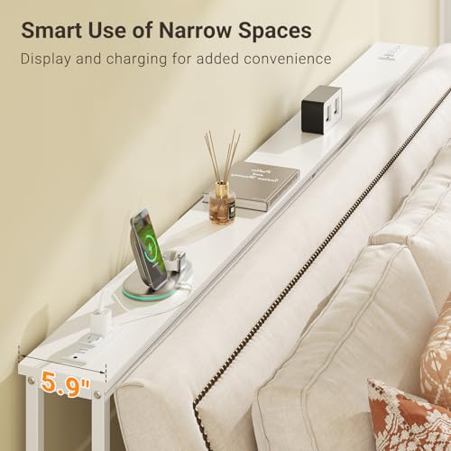 ELYKEN 78.8'' Narrow Console Table with Outlet, Sofa Table Behind Couch | Skinny Entryway Tables with Charging Station for Living Room, Hallway, 5.9 x 78.8 x 29.5in, White - color: White, size: 5.9"DX78.8"WX29.5"H