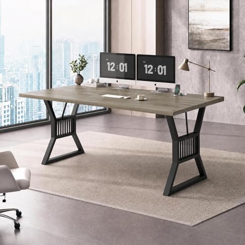 Garvee Modern Computer Desk, 70.8 Inch Home Office Work Desk,Farmhouse Gaming Writing Work from Home Study Desk,Sturdy Metal Frame for Bedroom,Home Office - color: Gray + Black Leg
