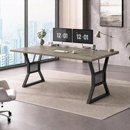 Garvee Modern Computer Desk, 70.8 Inch Home Office Work Desk,Farmhouse Gaming Writing Work from Home Study Desk,Sturdy Metal Frame for Bedroom,Home Office - color: Gray + Black Leg