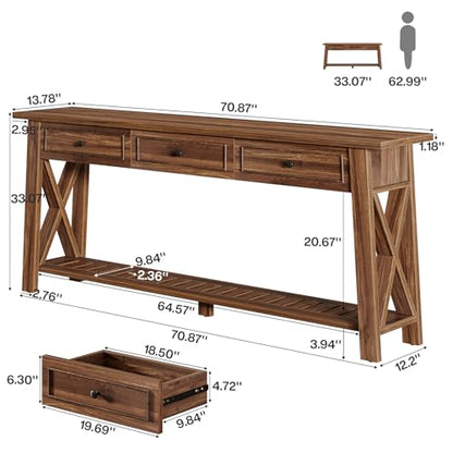 Tribesigns Console Table with 3 Storage Drawers, 70.87 Inches Extra Long Sofa Table Behind Couch with Bottom Shelf, Farmhouse Wooden Entryway Hallway Foyer Table for Living Room, Entrance (Walnut) - color: Walnut