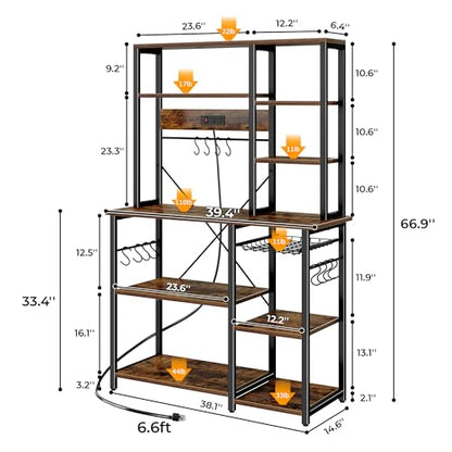 SUPERJARE Large Bakers Rack with Power Outlets, 6-Tier Microwave Stand, Coffee Bar with 12 S-Shaped Hooks, Kitchen Shelf with Wire Basket, 39.4 x 14.6 x 66.9 Inches, Rustic Brown - color: Rustic Brown, size: 39.4inch