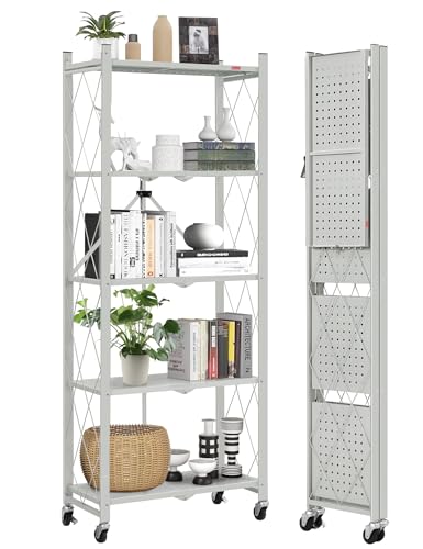 DEANIC 5-Shelf Folding Bookcase with Wheels, Rolling Bookshelf Heavy Duty Storage Shelves, Freestanding Metal Wire Shelving Unit for Living Room, Office, Kitchen, Basement, Pantry (Grey) - color: Grey, size: Compact 5 tier