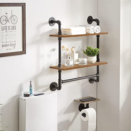 IBUYKE 2-Tiers Industrial Pipe Shelves with Towel Bar RF-TM014 | Rustic Wall Mount Bookcase,Metal Bracket Storage Wall Shelf for Bedroom, Kitchen - size: 2 Tier with Tower Bar