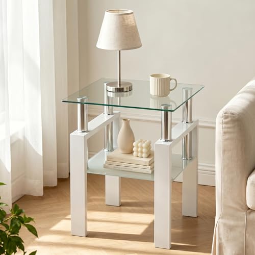 Meihua Tempered Glass End Table, White Modern Square Side Table with Metal Frame, 2-Tier Glass Accent Table for Living Room, Bedroom, Apartment & Small Spaces - color: White, size: 1pc