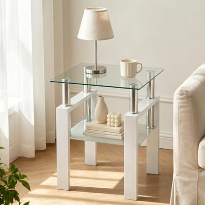 Meihua Tempered Glass End Table, White Modern Square Side Table with Metal Frame, 2-Tier Glass Accent Table for Living Room, Bedroom, Apartment & Small Spaces - color: White, size: 1pc
