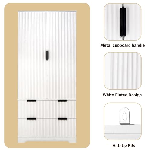 72" Tall Freestanding Wood Fluted Pantry Organizers Storage Cabinet with 2 Drawers, Door Racks, Modern Minimalist Cabinet with Adjustable Shelves for Kitchen, Living Room, Bathroom(White)
