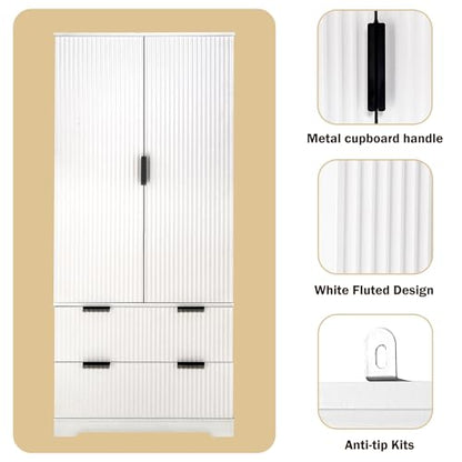 72" Tall Freestanding Wood Fluted Pantry Organizers Storage Cabinet with 2 Drawers, Door Racks, Modern Minimalist Cabinet with Adjustable Shelves for Kitchen, Living Room, Bathroom(White)