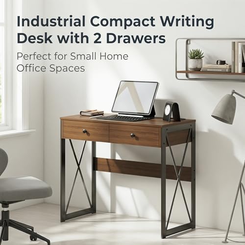 Manora Rustic Brown Computer Desk with Power Outlets & USB Ports, 31.5 Inch Small Writing Desk with 2 Drawers, Industrial Home Office Desk with Metal Frame for Bedroom, Apartment & Small Spaces - color: Rustic Brown
