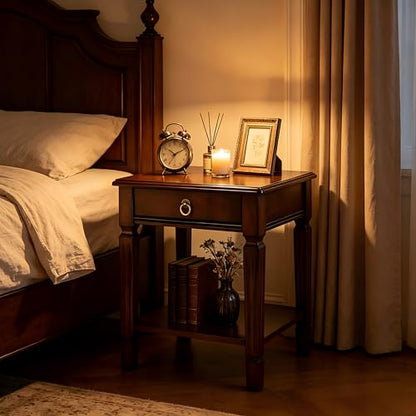 Small End Table with Drawer and Storage Shelf, Traditional Square Sofa Side Table with Straight Carved Legs, 2-Tier Bedside Tables Nightstand in Dark Cherry,17.7" Dx21.9 H - size: 1P