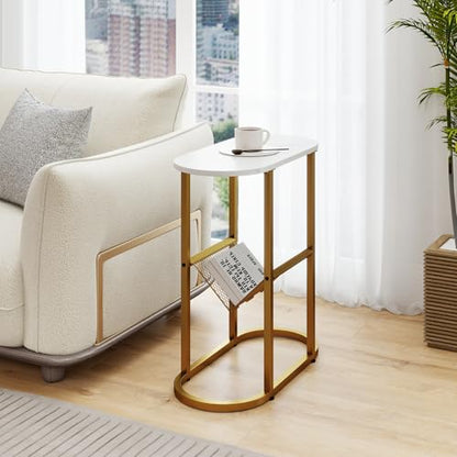 Tangkula Oval Narrow Side Table, 2-Tier End Table with Mesh Magazine Rack, Steel Frame, Industrial Nightstand, Compact Sofa Bedside Table for Living Room Bedroom, White & Gold - color: White & Gold