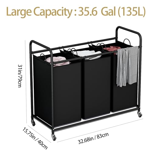 LINZINAR 3 Section Laundry Hamper, Black Laundry Basket 135L Laundry Sorter | Laundry Room Organization with Heavy Duty Rolling Lockable Wheels and Removable Bag, Bedroom Laundry Cart for Clothes Storage - size: 3 Bags Black