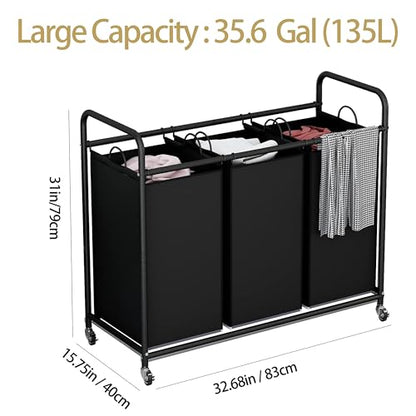 LINZINAR 3 Section Laundry Hamper, Black Laundry Basket 135L Laundry Sorter | Laundry Room Organization with Heavy Duty Rolling Lockable Wheels and Removable Bag, Bedroom Laundry Cart for Clothes Storage - size: 3 Bags Black