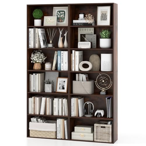 Giantex 6-Tier Bookcases Set of 2, 70" Tall Wooden Bookshelf, Freestanding Storage Organizer w/Open Shelves, Anti-Tipping Kits, Modern Floor Standing Display Shelves for Living Room, Rustic Brown - color: Rustic Brown, size: 23.5" x 9.5" x 70" (2 Pack)