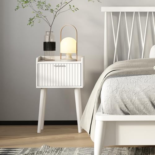 LAATOOREE Nightstand Set of 2, Small Bed Side Table with Fluted Door, End Table with Solid Wood Legs, Mid-Century Bedside Table for Bedroom Small Space - color: White, style: Fluted Style
