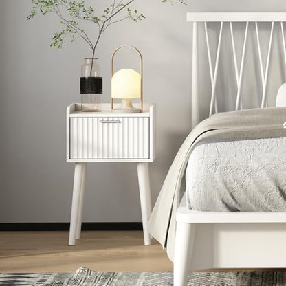 LAATOOREE Nightstand Set of 2, Small Bed Side Table with Fluted Door, End Table with Solid Wood Legs, Mid-Century Bedside Table for Bedroom Small Space - color: White, style: Fluted Style
