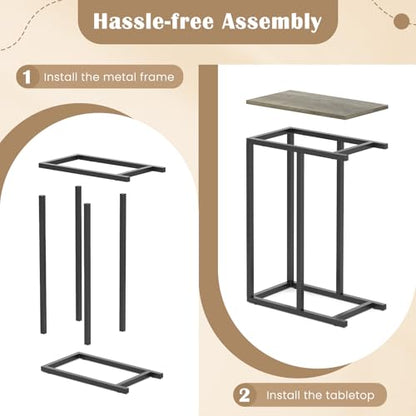 Giantex C Shaped End Table Set of 2, Small Side Tables for Sofa, Couch Tables that Slide Under with Metal Frame, Industrial TV Tray Table for Small Spaces, C Table for Living Room Bedroom, Greige - color: Greige