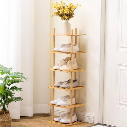 6-Tier Vertical Shoe Rack - Tall Narrow Shoe Rack Organizer for Small Spaces,Bamboo Shoen Shelf for Entryway,Closet,Corner,Doorway,Skinny Shoe Shelf Space Saving Shoe Storage (Natural, 6-Tier) - color: 6-tier Natural