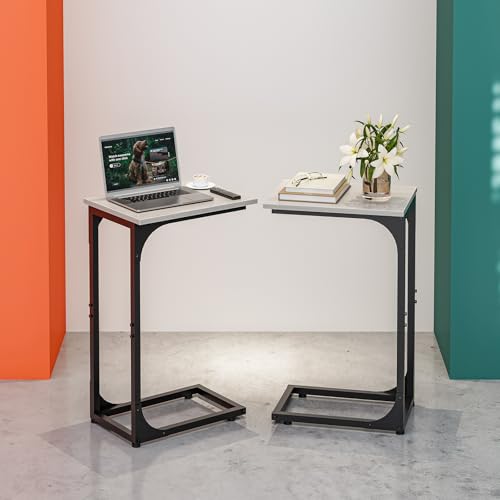 C-Shaped Side Table for Couch - Small Coffee Stand Sofa Tray Desk with Metal Frame and Waterproof Scratch Resistant, Modern End Accent for Living Room, Bedroom, Set of 2, Greige - color: Greige, size: 2-Pack, style: Without Power Outlets