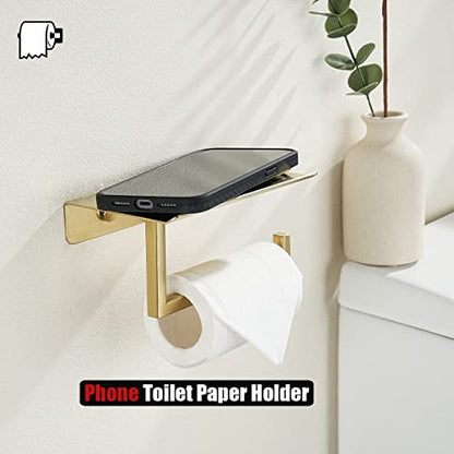 JQK Toilet Paper Holder Shelf, Bathroom Tissue Roll Holder with Phone Shelf, 5 Inch 304 Stainless Steel Tissue Paper Dispenser, Brushed Gold Finished Wall Mount, TPH202-BG - color: Gold