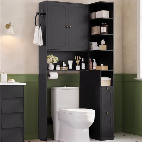 7-Tier L-Shaped Wooden Over the Toilet Storage Cabinet with Doors, Modern Over Toilet Bathroom Organizer Shelf with 2 Large Drawers, Bathroom Over Toilets Storage Cabinet, Space Saver, Black - color: Black, size: Type1-With Right Side Shelf