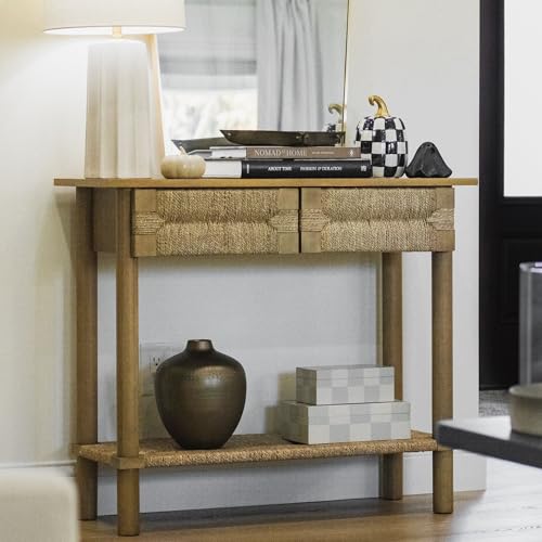 Nathan James Beacon Wooden Sofa Console Table with Drawers, Bohemian Entryway Accent, Hallway Furniture with Seagrass Shelf, Light Brown, Set of 2 - color: Beacon Light Brown/Seagrass, size: Set of 2